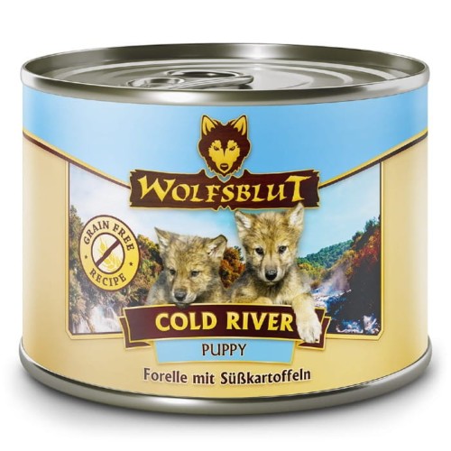 Mokra karma dla szczeniaka Wolfsblut Dog Puppy Cold River pstrąg i bataty zestaw 6 puszek 200g