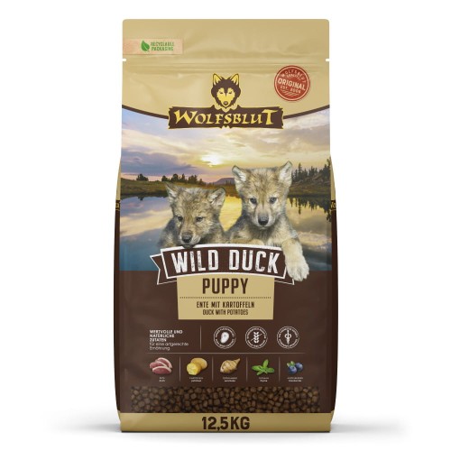 Sucha karma dla szczeniaka Wolfsblut Dog Wild Duck Puppy - kaczka i bataty 12,5kg  - opakowanie